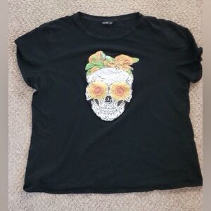 Black Graphic Skull Tee with Sunflower Eyes